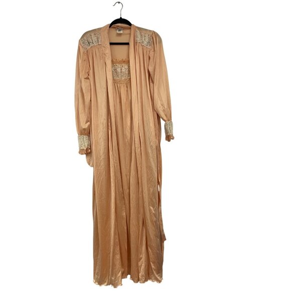 Vtg Stan Herman Womens Nightgown Robe Peignoir Set XP Peach Nylon Lace Trim - Picture 1 of 16